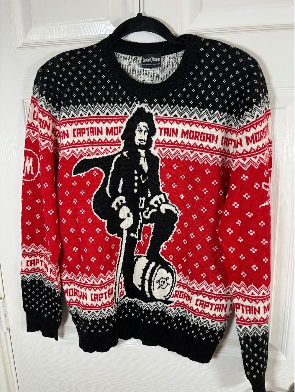 Captain Morgan red black men’s large ugly Christmas sweater